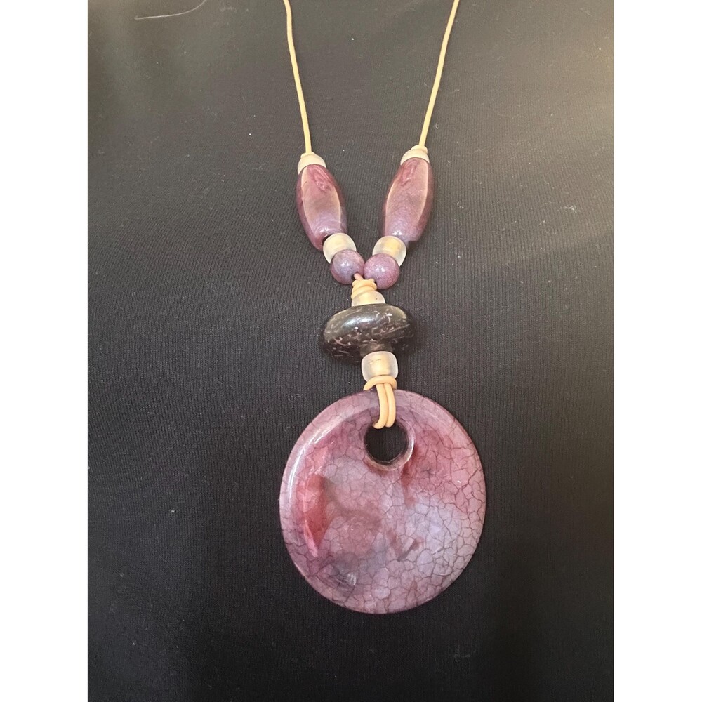 Acrylic Purple Round Disk and Bead Cord Pendant Necklace - 23.75”